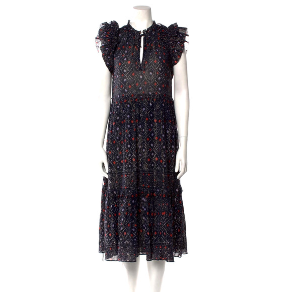 Ulla Johnson 2 Linea Ruffle Midi Dress Cotton Puff Shoulder Maxi Navy Blue EUC! - Picture 3 of 9